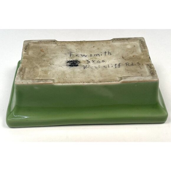 VTG 9.5" x 6"x 3" Green Glazed Terra Cotta Planter Pot w/ Flower Frog Kenzan - Picture 7 of 7